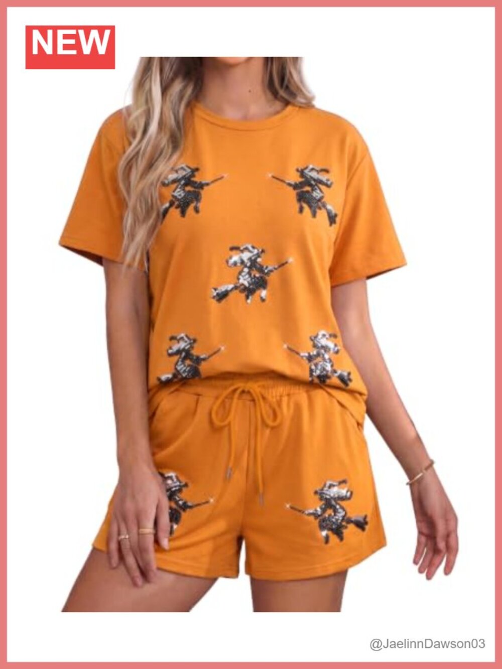 Sequin Ghost Halloween 2 Piece Lounge Set Short Sleeve Tee & Drawstring Shorts